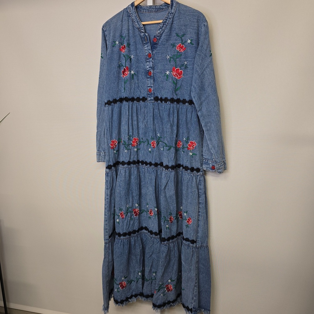 Vintage Denim Maxi Dress Embroidered Roses Boho Festival‎ Long Sleeve Womens
